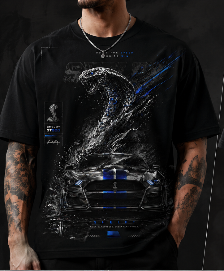 Black t-shirt with Shelby GT500 design on front and back, featuring high detail print and premium cotton fabric.